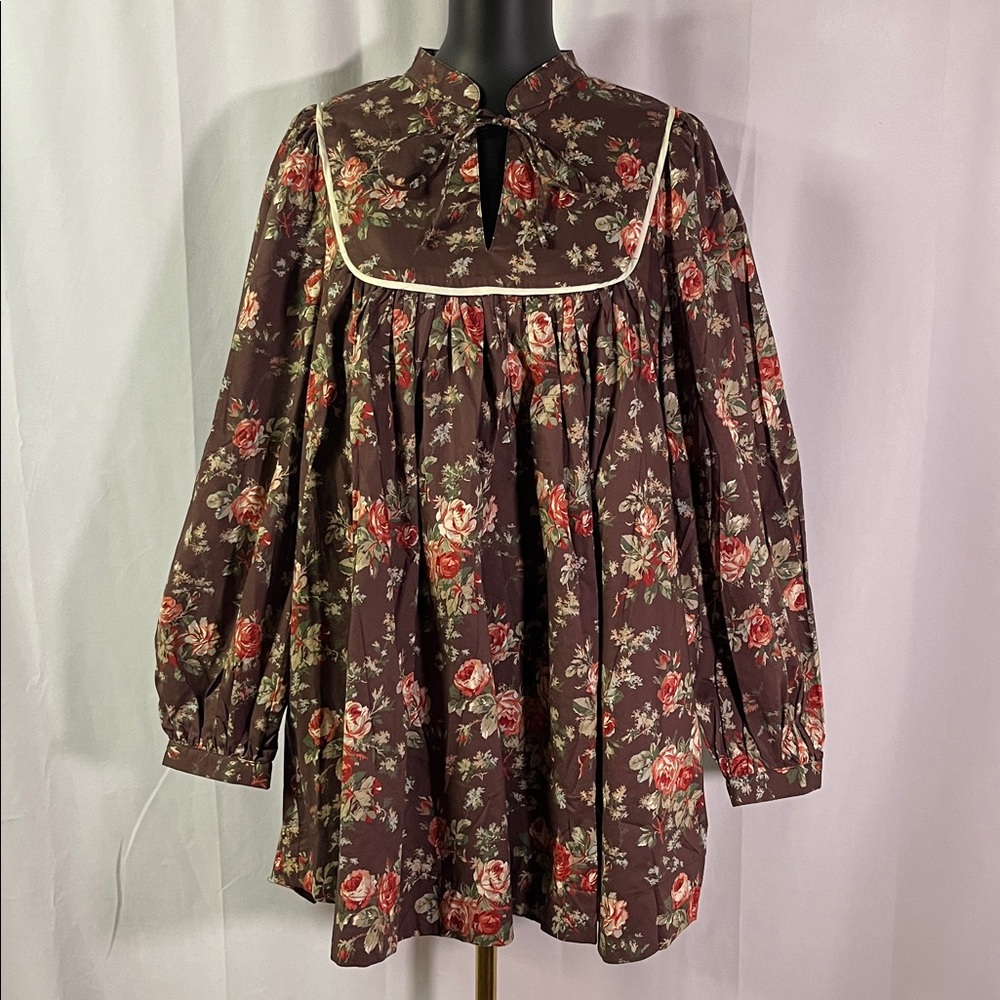 NWT Mable Brown & Red Floral Print Long Sleeve Tie Neck Isabelle Babydoll Dress